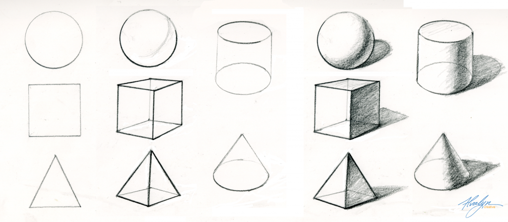Basic drawing practice with shapes and shading