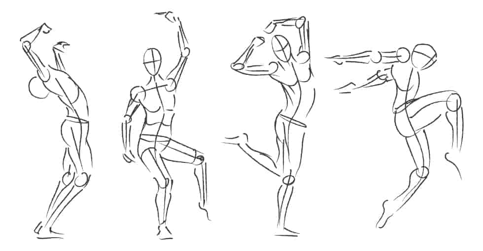 Sketches of gesture figure drawings and anatomy diagrams