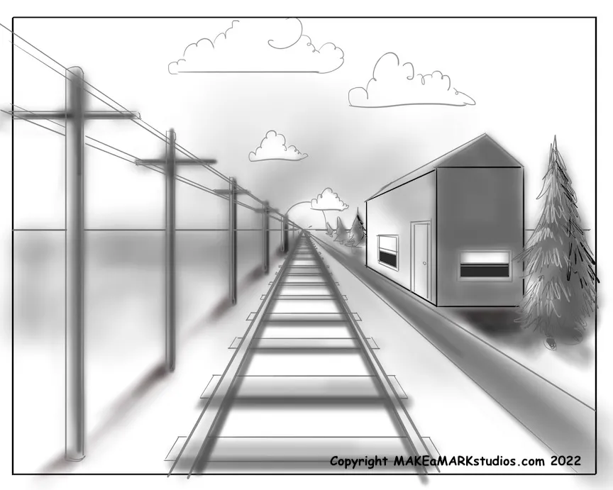 Drawing with perspective grid and compositional layout